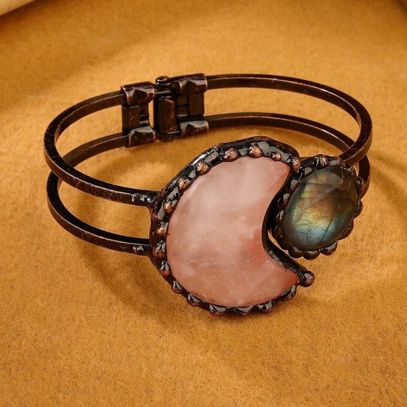 Boho Rose Quartz Statement Moon Copper Tone Cuff Bracelet - Picture 1 of 7